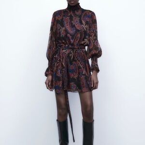 Zara Black Chiffon Floral Paisley Printed High Neck Mini Dress🪻
